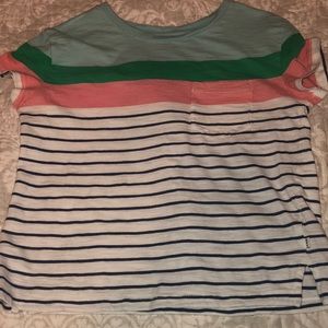 pink, green, white, blue striped shirt
